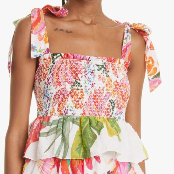 Farm Rio A-Line Dress White Floral Pleated/Ruffle Sleeveless Square Neck S $245 - Picture 7 of 10
